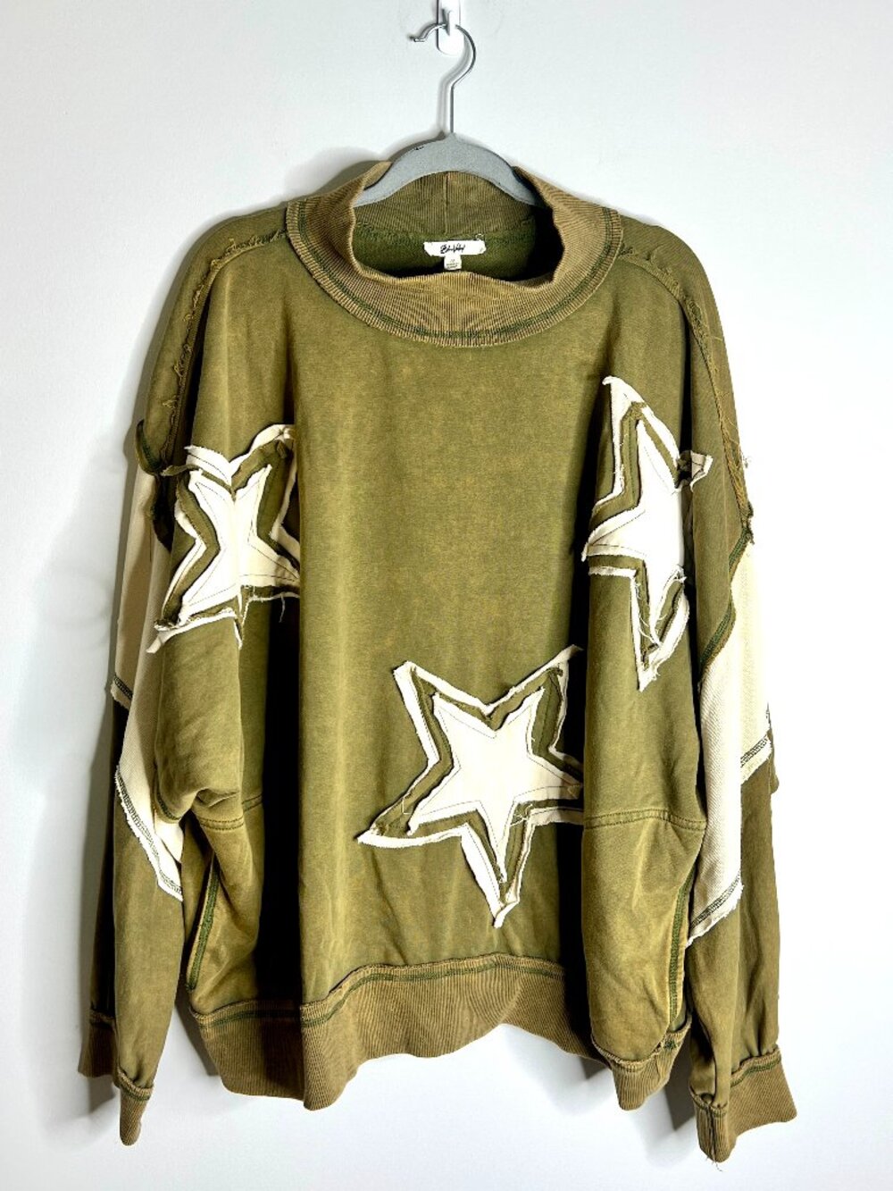 Blue Velvet Oversized Distressed Star Print Sweatshirt Olive Green Boho Sz M